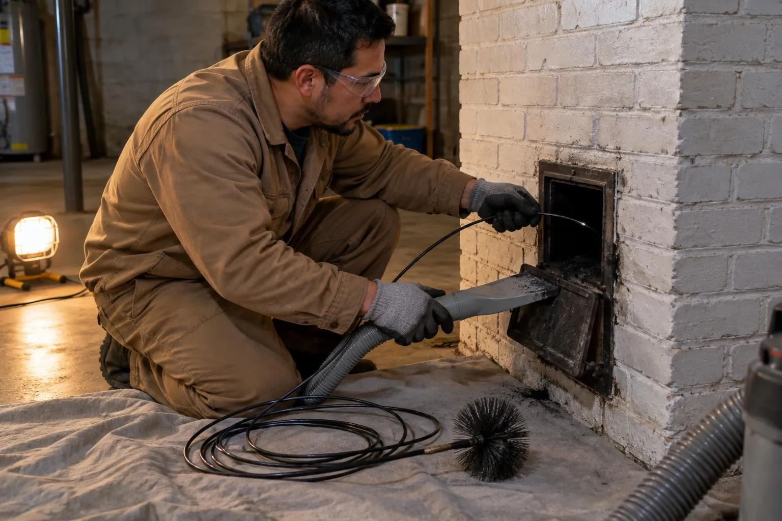 Gloved hands feed a slim camera cable into a chimney clean-out door while a vacuum nozzle catches soot at the opening.