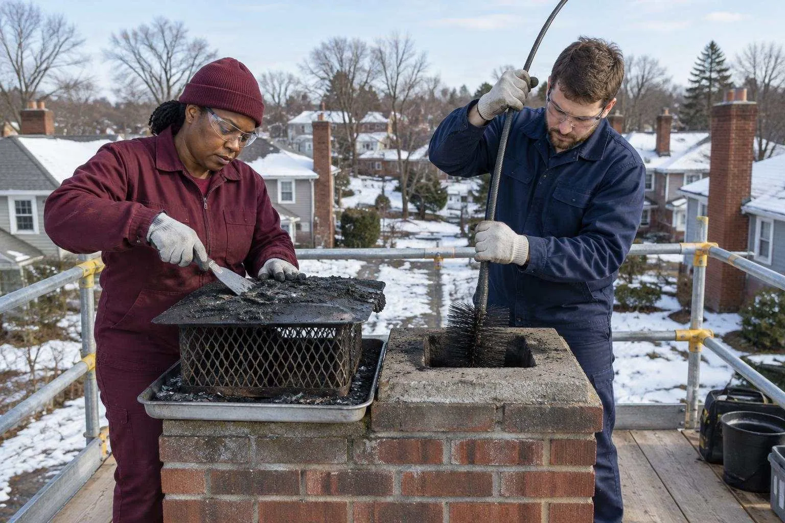 Two chimney professionals clear a clogged cap and brush a flue from a guarded scaffold above snowy residential lawns.