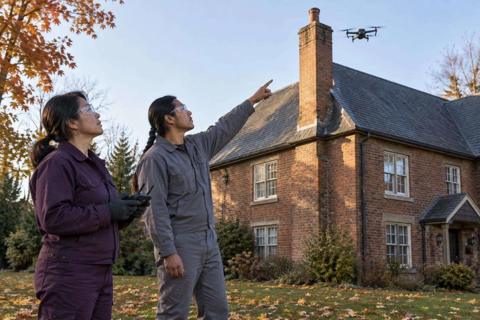 Two chimney professionals on a lawn watch a small drone hover beside the crown of a tall brick chimney at golden hour.