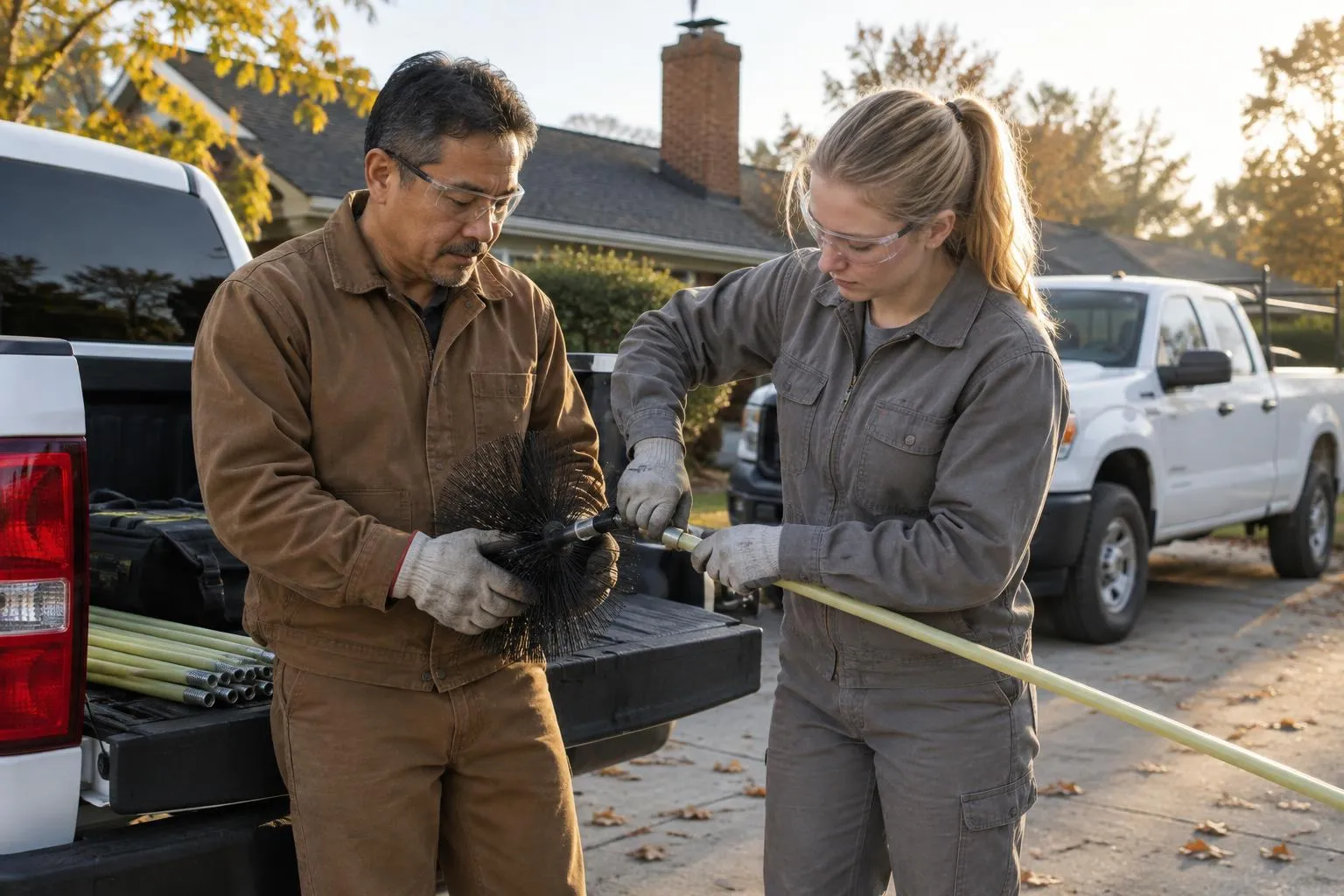 Two chimney sweeps thread a round brush onto a rod at a truck tailgate in a driveway, a second truck behind them.