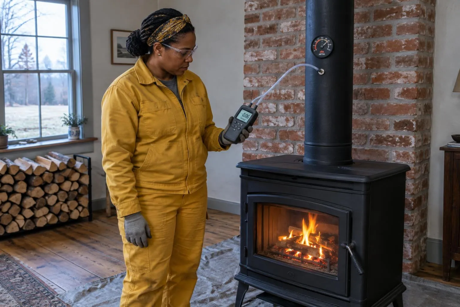 Chimney inspector in mustard workwear checks draft with a handheld manometer on a wood stove pipe in a farmhouse den.