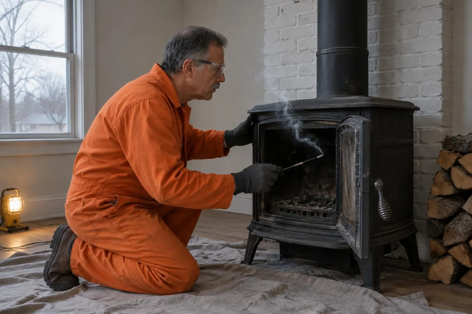 Chimney inspector kneeling at an open wood stove, holding a smoke pencil as a thin thread of smoke curls back into the room.